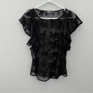 Eva Franco Lace Ruffle Cap Sleeve Dog Print Top Womens M Black